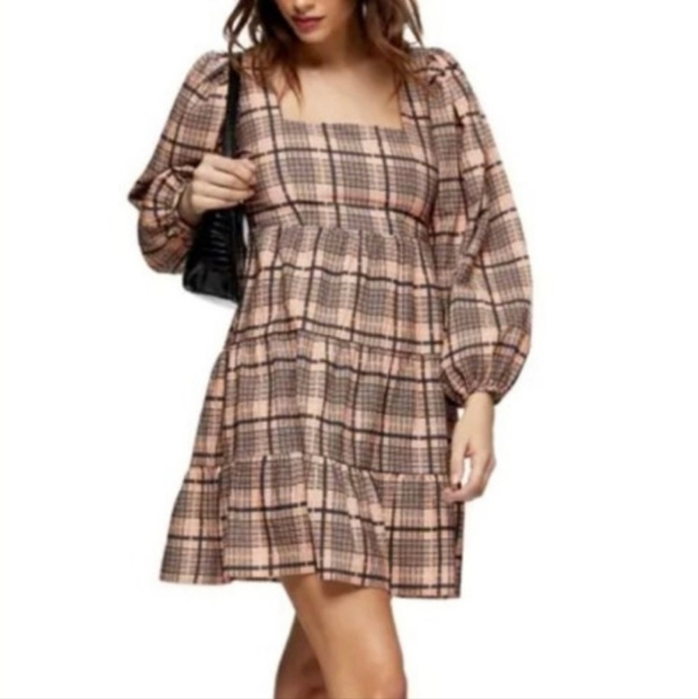 TOPSHOP‎ Plaid Puff Long Sleeve Mini Dress Brown Size 10